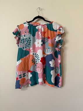 First Love Multicolor Floral Ruffle-Sleeve Top - Pink Teal Orange Navy White.